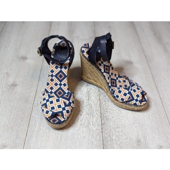 TORY BURCH Orange Blue Canvas Leather Espadrille Criss Cross Strappy Wedge Heels - Picture 1 of 12